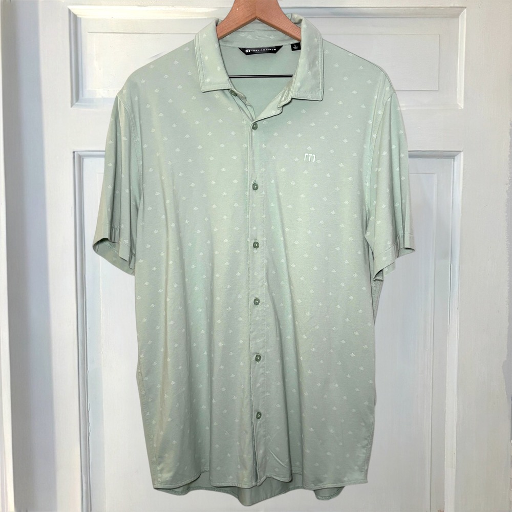 TravisMathew Button Up Golf Shirt Men L Light Green Geometric Print Short Sleeve - Picture 5 of 9
